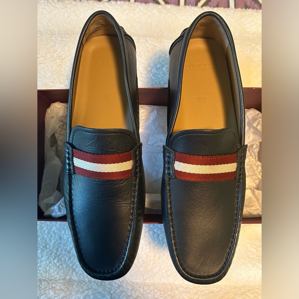 NEW NWB $620 Bally Waltec Driver Loafers 11.5 Blue w Signature Stripes 6198385